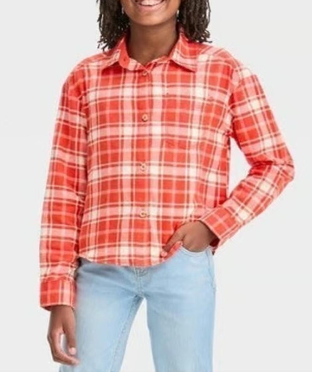 Cat&Jack Girls' Flannel Long Sleeve Plaid Woven Top Shirt L